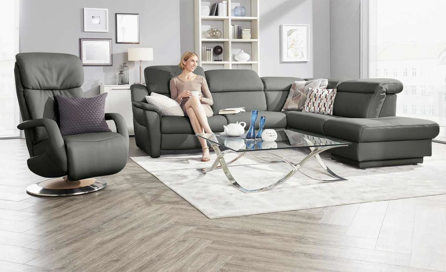 himolla Ecksofa Leder 9707 | Dunkelgrau rechts Grundfunktion 3 himolla Ecksofa Leder 9707 | Dunkelgrau rechts Grundfunktion