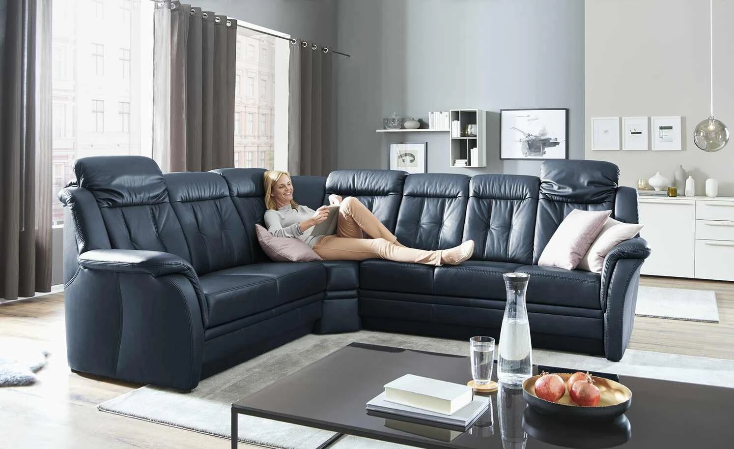 Polstermöbel Oelsa Komfort-Ecksofa aus Leder Andorra | Navy (Petrol) links Erweiterte Funktion 3 Polstermöbel Oelsa Komfort-Ecksofa aus Leder Andorra | Navy (Petrol) links Erweiterte Funktion